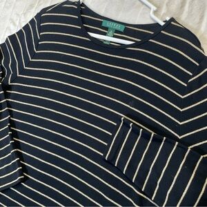 Lauren Ralph Lauren Black Metallic Gold Stripes Long Sleeve Knit Top Plus 2XL